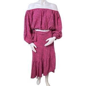 Anthropologie Beach Gold Crop top and Maxi Skirt Set in Fucsia Black Polca Sz M